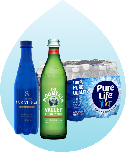 Three Mountain Valley green glass bottles of varying sizes superimposed over a
                water drop shape.